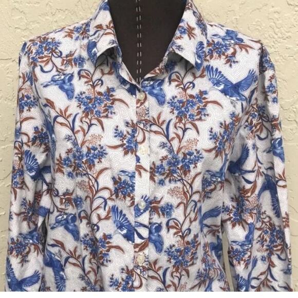 Lands End retro shirt button down blue bird floral print long sleeve women’s s… - Picture 1 of 8